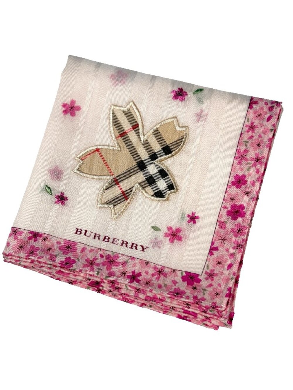 Burberry Cotton Floral Scarf Pink Check Appliqué Leaf 19.5"